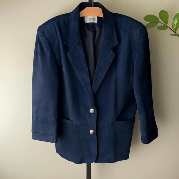 Vintage Dalmys Oversized Suede Leather Blazer Jacket Navy Blue Size Medium 80s - Picture 1 of 10